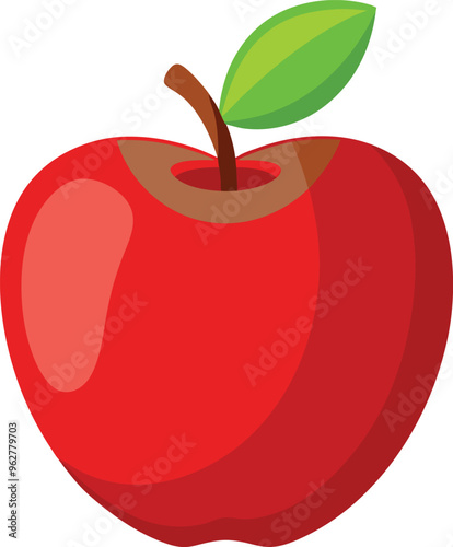 A simple, vibrant illustration of a shiny red apple with smooth curves and soft reflections on its surface. The apple has a small brown stem at the top, with a bright green leaf attached to it. The de