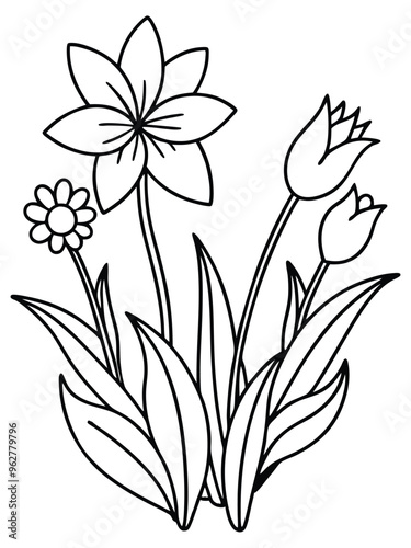 bold and easy plants and flower line art vector illustration, Flower coloring book for children and adults designed by AI