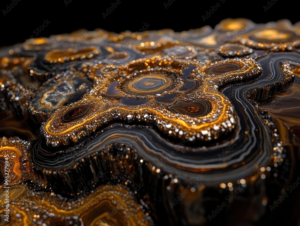 Fototapeta premium A detailed macro shot of a black and gold geode with shimmering crystal formations, showcasing intricate layers and textures.