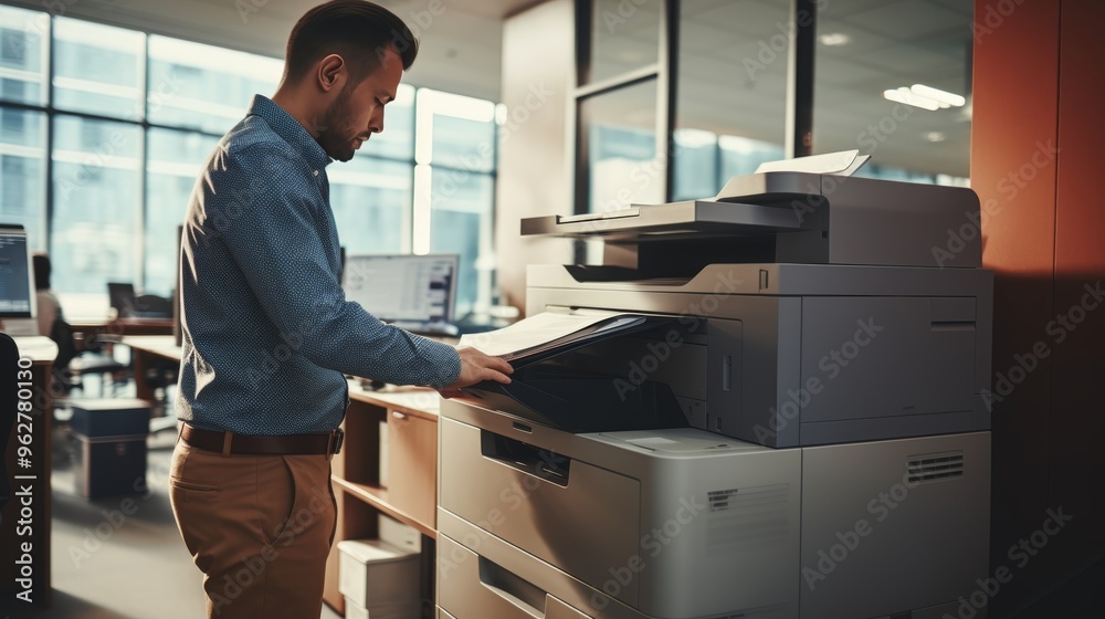 An individual is loading fresh sheets of paper into a printer for upcoming printing tasks. An individual is loading fresh sheets of paper into a printer for upcoming printing tasks.