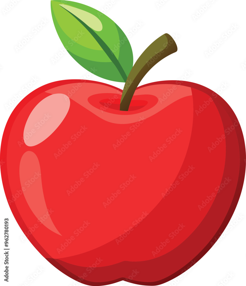 A simple, vibrant illustration of a shiny red apple with smooth curves and soft reflections on its surface. The apple has a small brown stem at the top, with a bright green leaf attached to it. The de A simple, vibrant illustration of a shiny red apple with smooth curves and soft reflections on its surface. The apple has a small brown stem at the top, with a bright green leaf attached to it. The de