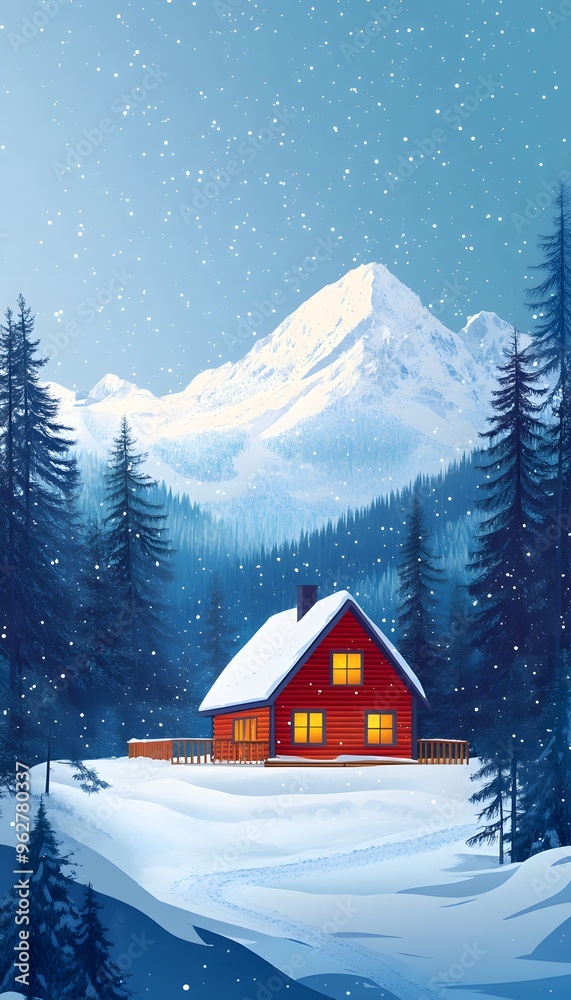 Naklejka premium Winter Cabin in Snowy Mountains Illustration