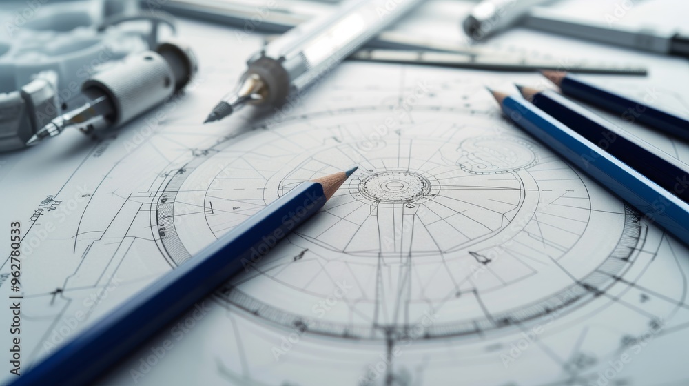 Close-up of an intricate architectural drawing surrounded by blue pencils and drafting tools. The composition emphasizes the precision and creativity involved in the design process, making it ideal Close-up of an intricate architectural drawing surrounded by blue pencils and drafting tools. The composition emphasizes the precision and creativity involved in the design process, making it ideal