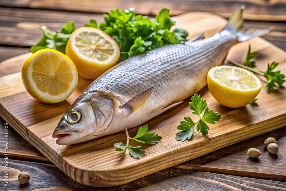 Freshly caught Whitefish lies on a wooden cutting board, surrounded by lemon slices and parsley, with a blurred Freshly caught Whitefish lies on a wooden cutting board, surrounded by lemon slices and parsley, with a blurred