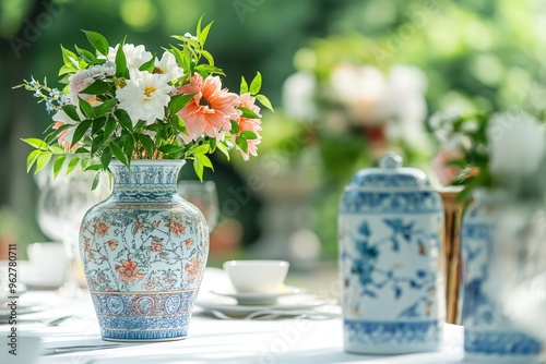 Wallpaper Mural Outdoor table setting with white tablecloth, blue and white vase with flowers, teapot, single flower in another vase. Tranquil garden atmosphere with blurred trees background. Torontodigital.ca