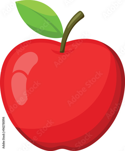 A simple, vibrant illustration of a shiny red apple with smooth curves and soft reflections on its surface. The apple has a small brown stem at the top, with a bright green leaf attached to it. The de