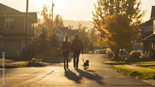 Couple Walking Dog in a Quiet Suburban Neighborhood photo