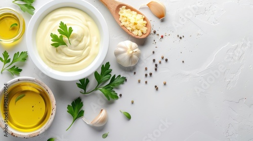 Recipe card for homemade aioli with ingredients and preparation steps around a bowl of aioli.