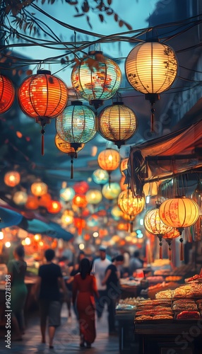 Night Market Street Scene with Colorful Lanterns Illustration