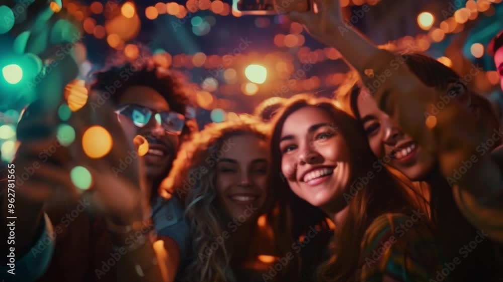 Group of friends taking a group photo with a smartphone, and posting it on social media during a party Group of friends taking a group photo with a smartphone, and posting it on social media during a party