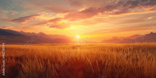 Vibrant sunset over golden wheat field. Nature landscape with warm tones. Yellow rice field growing at sunset with orange sky and clouds. Agricultural landscape concept. Warm rural scene. AIG51.