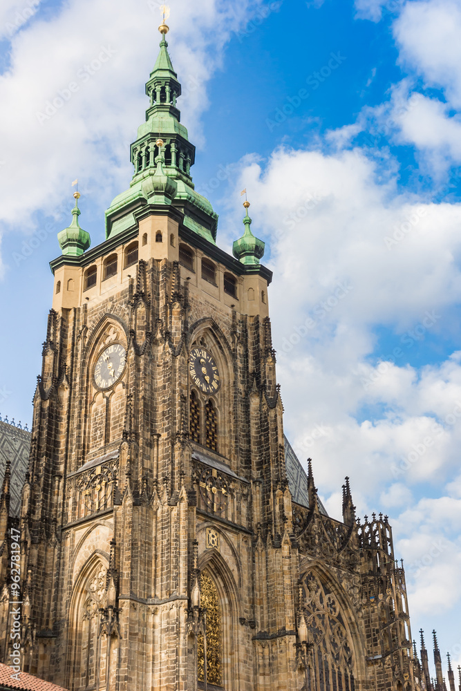 Tower of the historic St. Vitus cathedral in Prague, Czechia