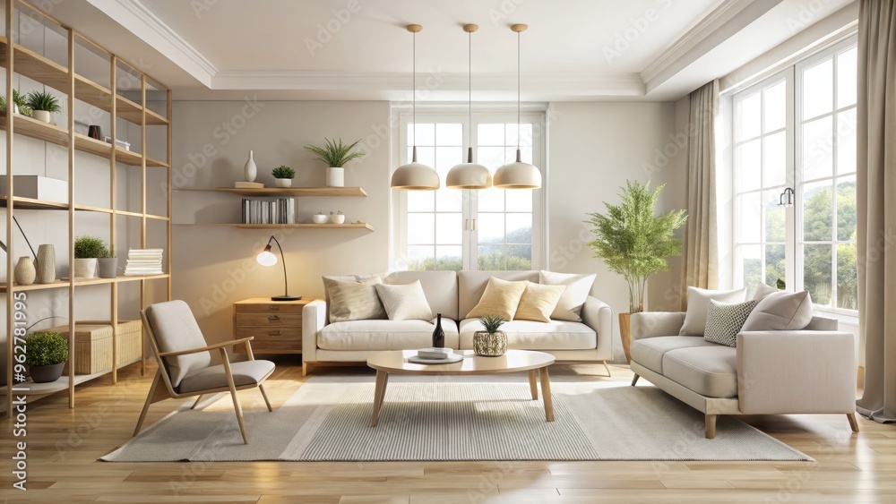 Soft and serene, the indoor space boasts a neutral palette of creamy whites, warm ivories, beiges, and grays, Soft and serene, the indoor space boasts a neutral palette of creamy whites, warm ivories, beiges, and grays,