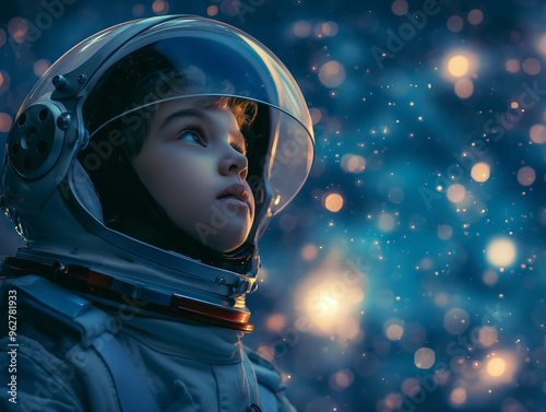 Young Child in Astronaut Helmet Gazing at Cosmic Lights, Representing Curiosity, Future Space Exploration, STEM Education, and the Wonders of Astronomical Discovery and Innovation photo