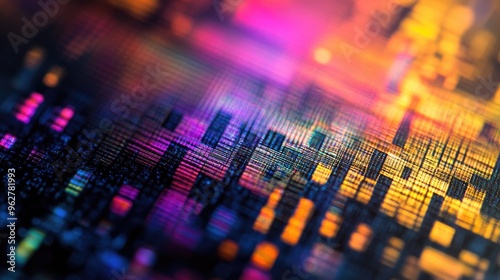 A vibrant close-up of a microchip showcasing intricate patterns and colors.