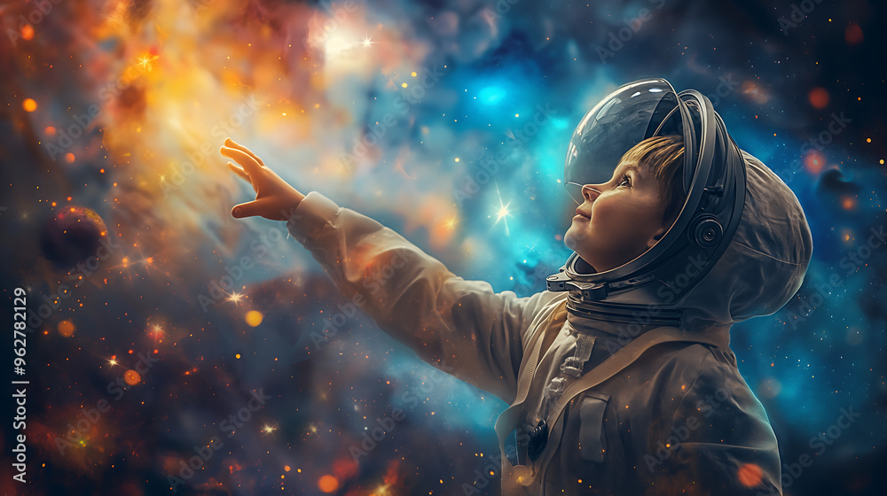 Child Astronaut Reaching Toward Cosmic Lights in Space, Symbolizing Imagination, STEM Exploration, Future Space Innovations, and the Intersection of Dreams and Scientific Discovery Child Astronaut Reaching Toward Cosmic Lights in Space, Symbolizing Imagination, STEM Exploration, Future Space Innovations, and the Intersection of Dreams and Scientific Discovery