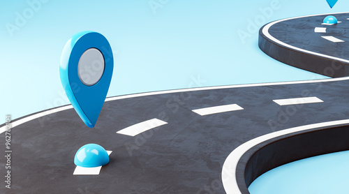 Navigation concept with blue location pin on curved road. 3D Rendering