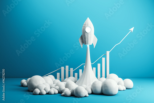 Vászonkép Rocket Launch with Rising Graph on Blue Background. 3D Rendering