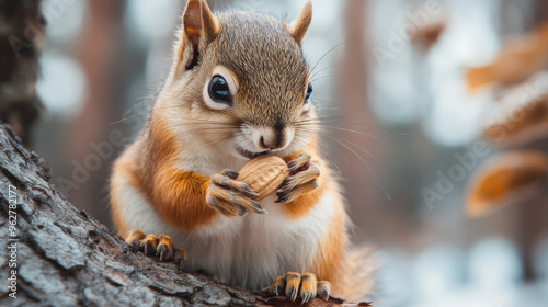 Squirrel eats a nut – A small squirrel sits on a tree trunk and nibbles on a nut.