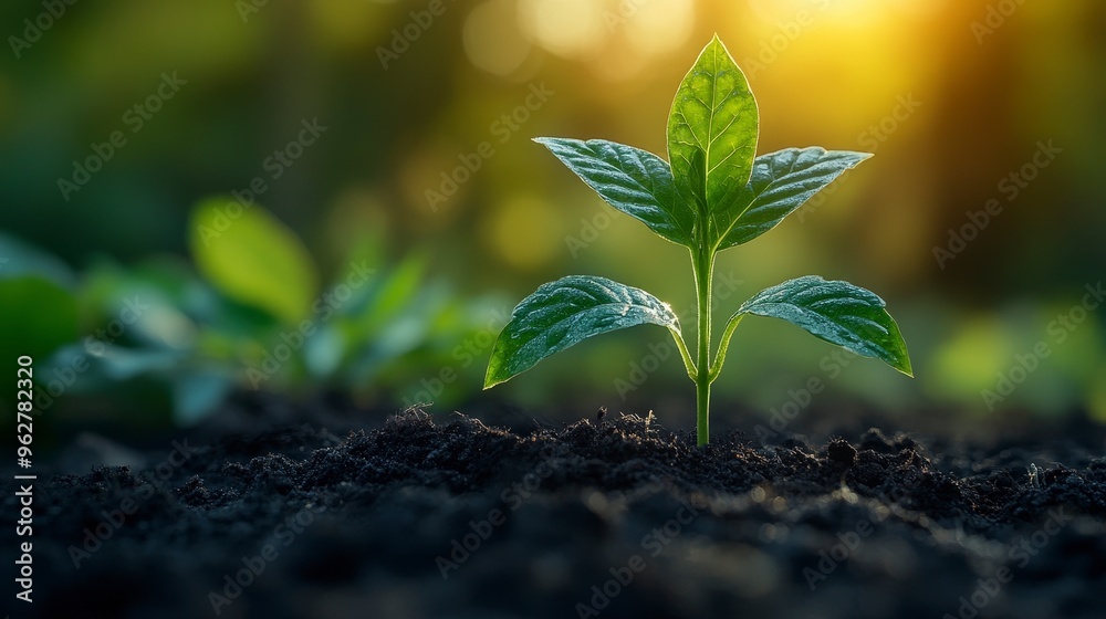 Single green sprout growing out of rich dark soil with a blurred background of green and bright sun.