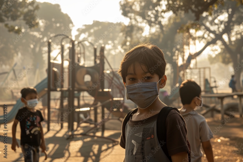 Young Boy in a Mask on a Playground Young Boy in a Mask on a Playground