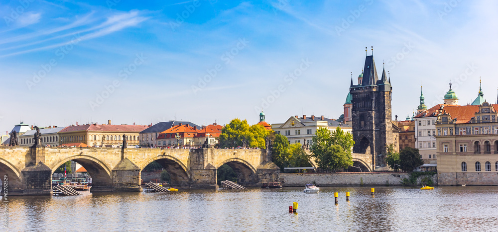 Panorama of the Charles bridge (Karluv Most) over the river Moldau in Prague, Czechia