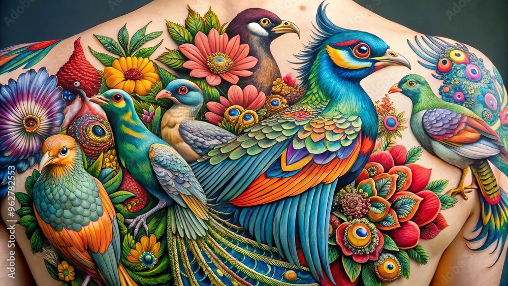 Intricate, colorful tattoo designs featuring various bird species, including peacocks, swallows, and eagles, in vibrant Intricate, colorful tattoo designs featuring various bird species, including peacocks, swallows, and eagles, in vibrant