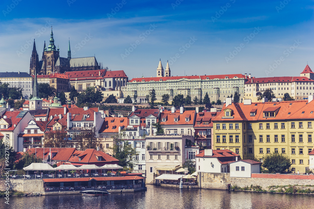 Cityscape in cool colors of historic city Prague, Czechia