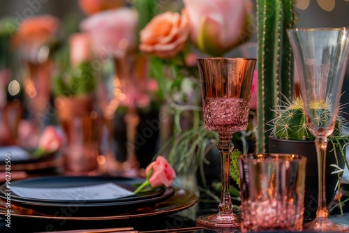 Outdoor table setting with black plate, white menu, pink rose centerpiece and copper vase. Pink glass with gold rim surrounded by orange flowers, cacti and roses in garden or outdoor setting. photo