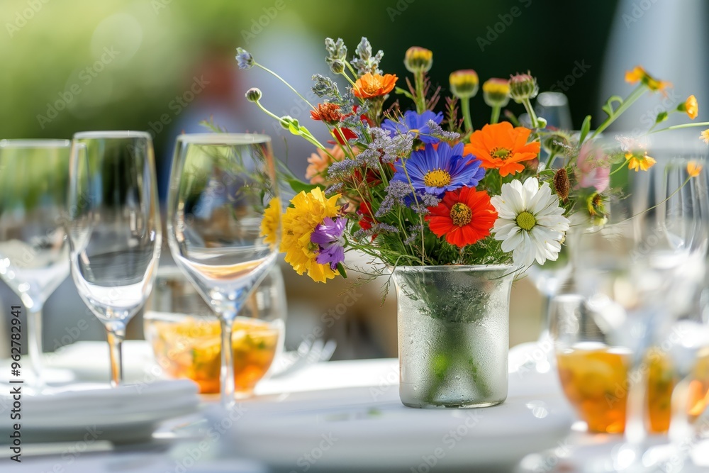 Outdoor table setting with white plate, flowers vase, wine glasses and fork. Festive banquet scene with multicolored blooms decorations. Perfect for celebration, party or special occasion.
