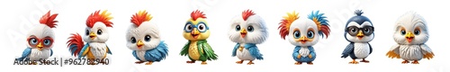 Set of 3d cute cartoon birds. Isolated on transparent background