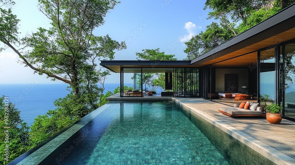 Fototapeta premium Modern Villa with Infinity Pool overlooking the Ocean