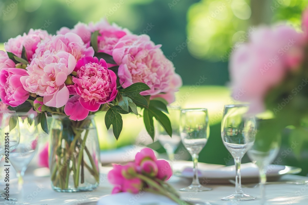 Romantic dinner setup features pink peonies vase on elegant tablescape with green plants. Intimate atmosphere created by white tablecloth, perfect for wedding and anniversary celebration. Romantic dinner setup features pink peonies vase on elegant tablescape with green plants. Intimate atmosphere created by white tablecloth, perfect for wedding and anniversary celebration.