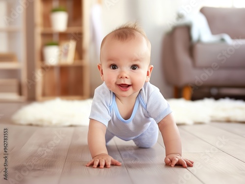 Baby boy crawls on carpeted floor in cozy home environment. Little one is happy, adorable, and cute. Caucasian infant wears clothes, blanket covers his back.