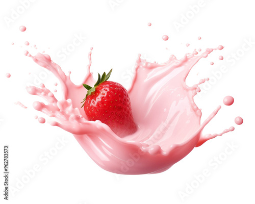 Fresh strawberry splashing into pink milk, creating a vibrant and refreshing scene perfect for food and beverage imagery.