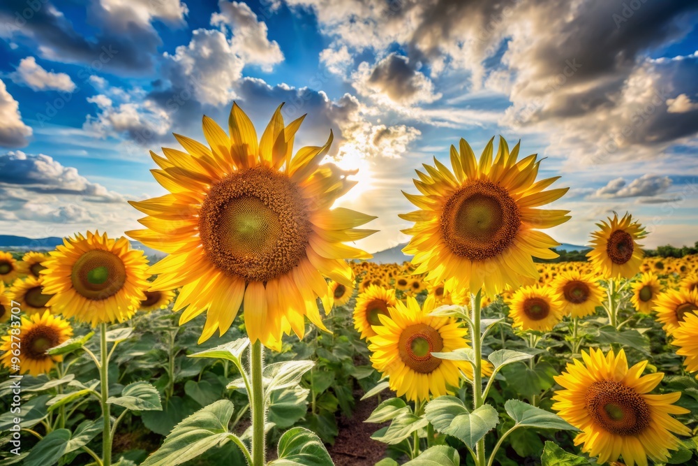 Sun-kissed fields of sunflowers unfold, their golden petals glistening softly against a sky of serene blue, wispy Sun-kissed fields of sunflowers unfold, their golden petals glistening softly against a sky of serene blue, wispy