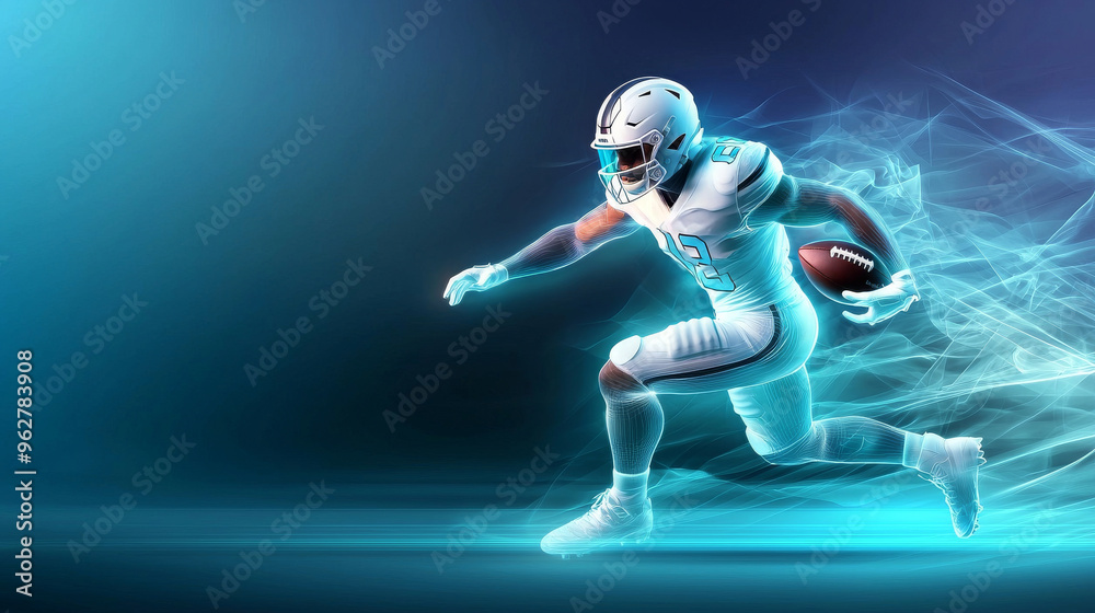 Glowing holographic American football player in action