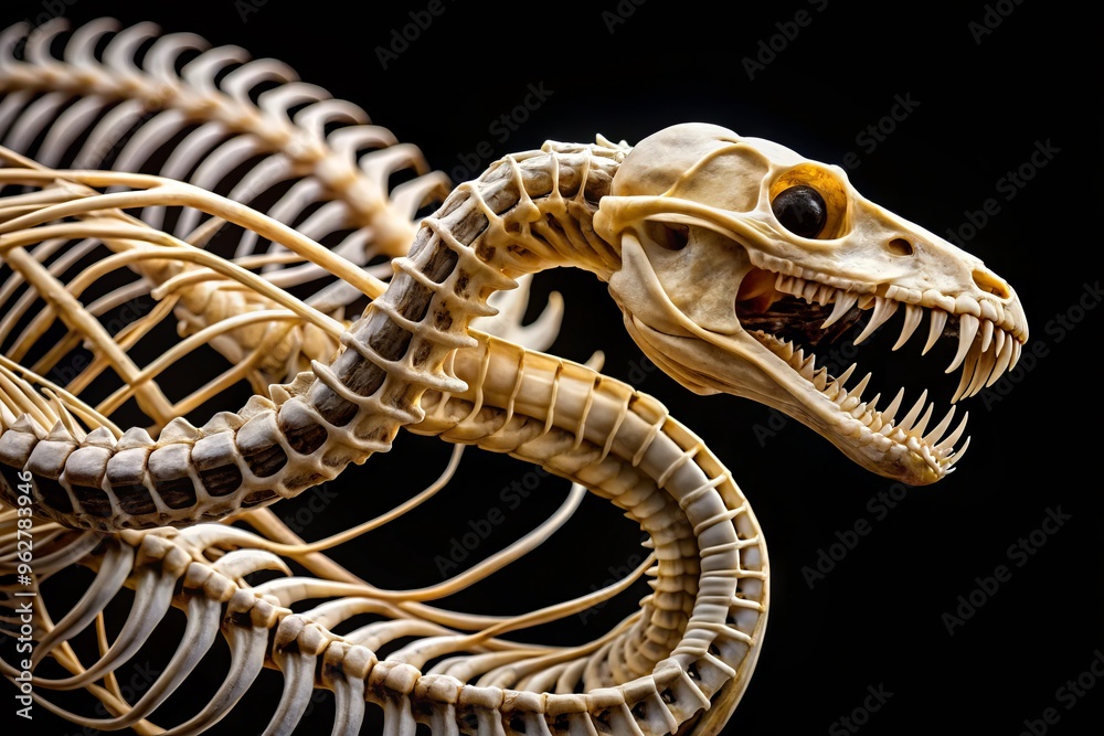 Macro view of a snake's skeletal system, revealing intricate bones and vertebrae, showcasing the reptile's internal Macro view of a snake's skeletal system, revealing intricate bones and vertebrae, showcasing the reptile's internal