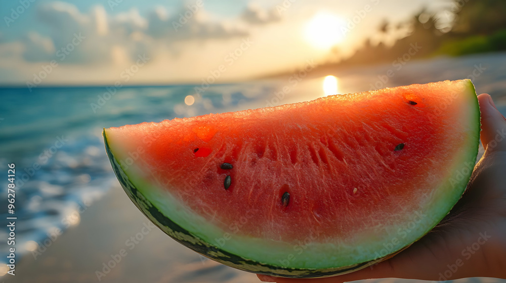 Watermelon Slice on Beach at Sunset - Photo Watermelon Slice on Beach at Sunset - Photo
