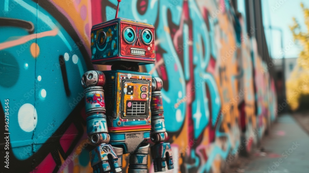 Obraz premium Retro robot toy stands against a vibrant graffiti wall, showcasing a blend of nostalgic and modern urban elements. The detailed robot design contrasts with the bold street art, creating a lively scene