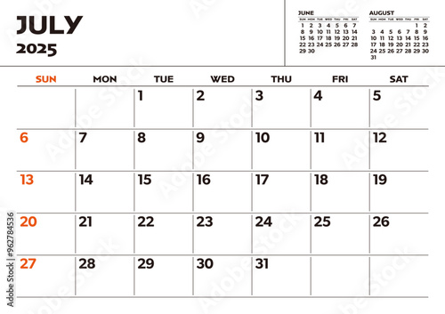 Simple desktop calendar for 2025: July, with writing space