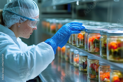 Quality assurance technician testing the seal integrity of canned vegetables in a sterile lab environment, ensuring safety and quality with high precision and attention to detail