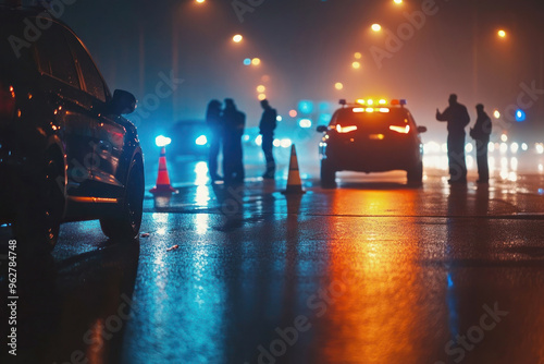 Police checkpoint at night with officers checking for drunk drivers on a busy road with flashing lights, creating a high-contrast and intense scene photo