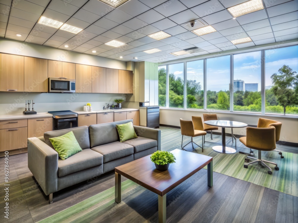Modern Office Break Room With Comfortable Seating, A Kitchenette, And Large Windows Offering Natural Light Modern Office Break Room With Comfortable Seating, A Kitchenette, And Large Windows Offering Natural Light