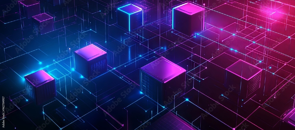 Obraz premium Neon Cubes Interconnected In A Digital Network