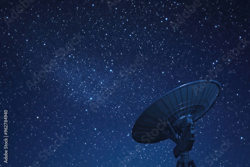 Satellite dish facing a starry night sky, capturing an isolated location with ample space for text, emphasizing communication and space exploration themes