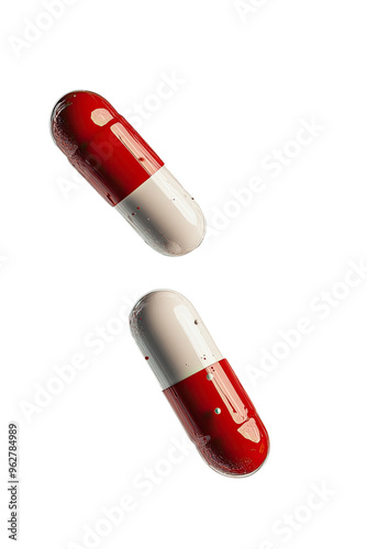 Falling Pills - Scattered capsules Hyperrealistic Isolated white plain Transparent Background Highly Detailed 