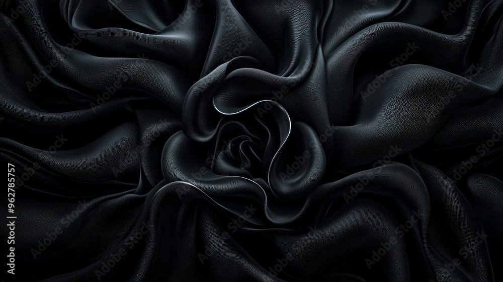 Fototapeta premium Smooth, intricate folds of black fabric form a rich, textured surface, creating an abstract and elegant visual with soft curves.