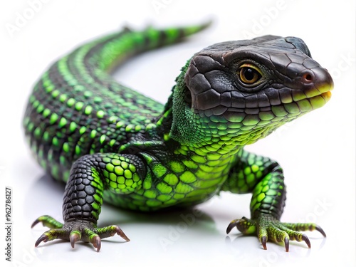 Photo Of A Black+Girdled+Lizard With Vibrant Green Coloring, Isolated On A White Background. photo