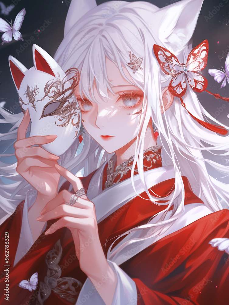 Obraz premium Fantasy artwork of a white-haired girl in a red dress holding an animal mask, with long lashes, shining eyes, and pink lips, diamond earrings sparkling by her face,